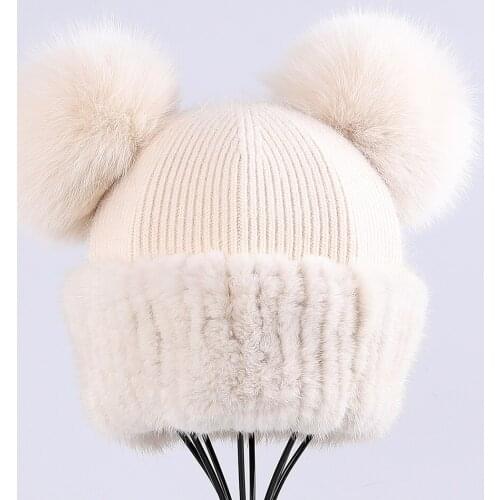 New Style Winter Hats Ladys Wool Fox Fur Pom poms Knitted Beanie Hats Mink Fur Stripped Winter Hats