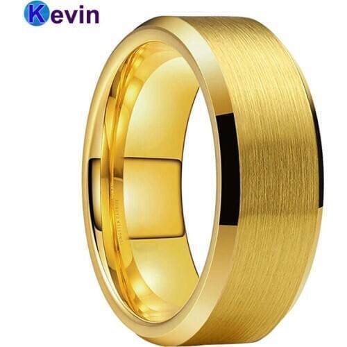 Men Women Tungsten Wedding Band Ring Yellow Gold Color With Bevel Edges Brushed Finish 6MM 8MM Comfort Fit