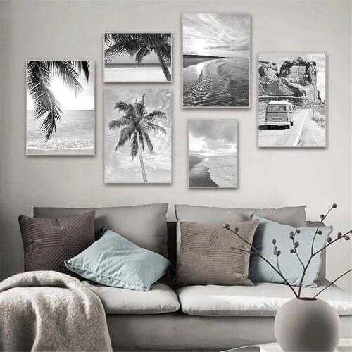 Vacation Travel Car Poster Black And White Palm Tree Leaf Wall Art Canvas Print Beach Scenery Painting Wall Pictures Home Decor
