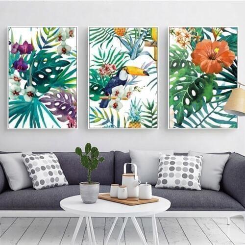 Tropical Rainforest Watercolor Plants Flower Bird Natural Style Canvas Posters And Prints Wall Art Painting Living room decor