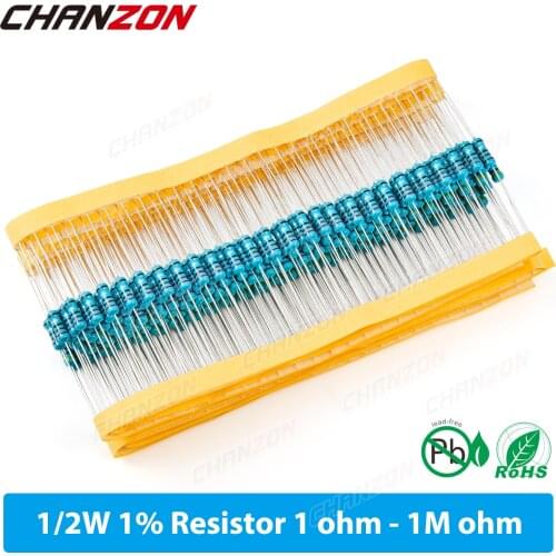 100pcs/Pack 1/2W 1% High Precision Metal Film Resistor 1 2.2 4.7 10 100 220 330 470 1K 4.7K 10K 15K 47K 100K Ohm Fixed Resistant