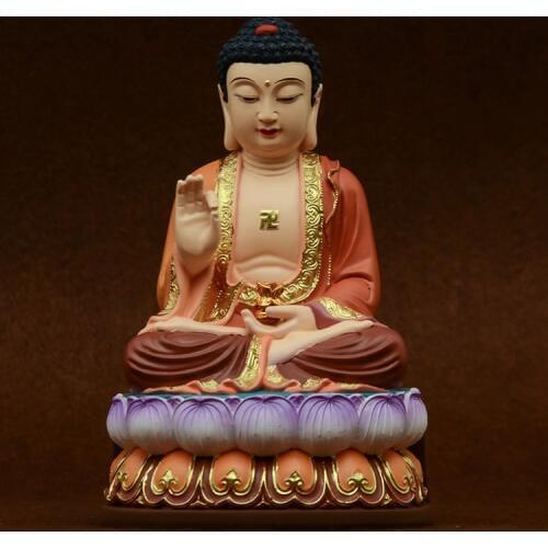 Handicrafts, Sakyamuni, Resin Amitabha, painted statues, temples, Buddha statue, Buddhist Arts and crafts, joss, about 22*13.5CM