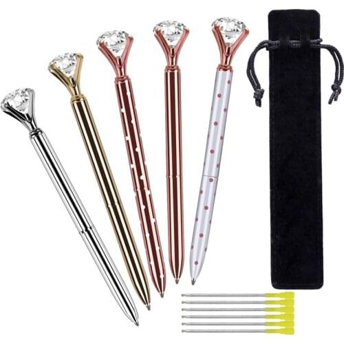 5 Pcs Big Crystal Diamond Ballpoint Pen,Metal Ballpoint Pen Office Supplies,With 5 Ballpoint Pen Refills, 1 Black Velvet Bag, Bl