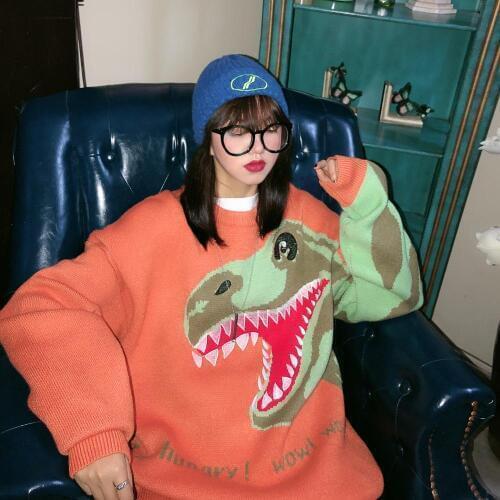 Missing cartoon funny dinosaur thickened sweater 2019 Street hip hop trend mens and womens sweaters