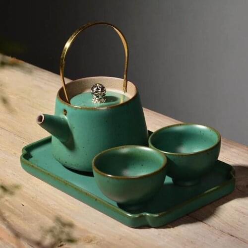 Japanese style coarse pottery kung fu tea set complete set of travel tea set tilting pot a pot two cups ceramic small tea tray