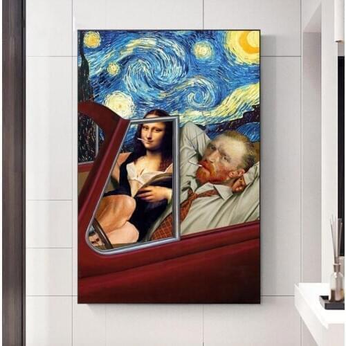Funny Art Van Gogh and Mona Lisa Driving Canvas Posters Abstract Smoking Oil Paintings on Canvas Wall Pictures Home Wall Decor