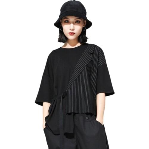 Women Black Striped Irregular Plus Size T-Shirt 2021 Summer Fashion Patchwork O-Neck Short Sleeve Loose Casual Tee Tops Clothes