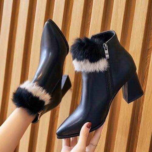 Women Short Plush Ankle Boots Ladies Pointed Toe Zipper Square Heels Female PU Leather Leisure Shoes Woman Casual Footwear