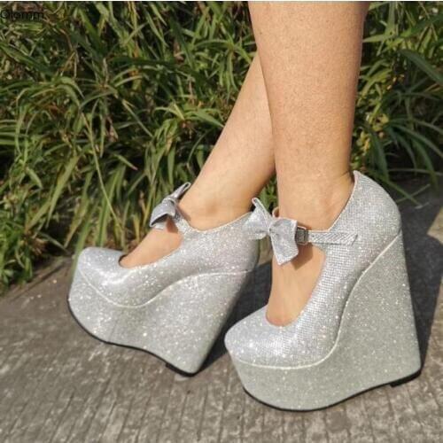 Olomm Women Handmade Platform Pumps Knot Wedges High Heels Pumps Round Toe Gorgeous Silver Party Shoes Women Plus US Size 5-15
