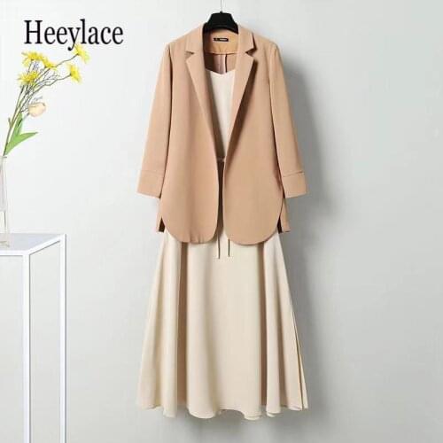 Plus Size Office ladies work Dress Suit Summer Clothes Jacket Coat Top And Sundress Two Piece Set Elegant Matching Outfits 4XL