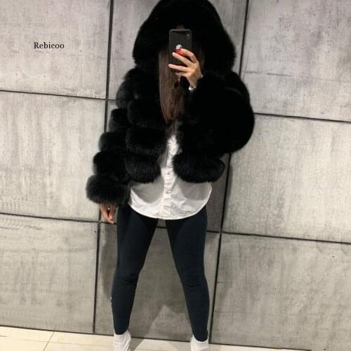 Women Soft Hooded Fur Coat Winter Faux Fox Fur Coats Furry Luxury Womens Fake Fur Jacket High Quality Female Jacket Coat