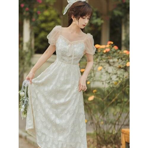 Women French First Love Sweet Dress 2021 Summer Gentle Wind Fairy Jacquard Mesh Puff Sleeve Square Neck Dress Vestido de mujer