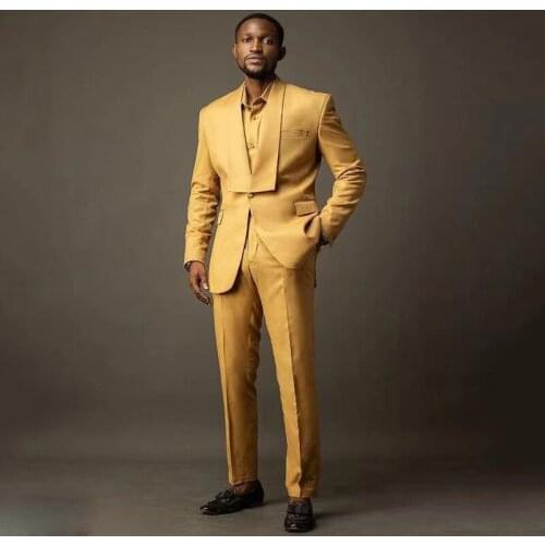 Gold Slim Fit Wedding Suit One Button Shawl Lapel Two Pieces Prom Blazer and Pants Custom Made Jacket Trousers