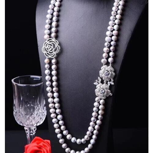2ROWS freshwater pearl WHITE/GRAY ROUND 8-9MM necklace 24-26" FPPJ wholesale for woman gift