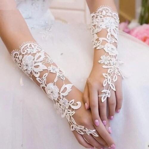 White Long Lace Beaded Fingerless Bridal Gloves Crystals Flower Wedding Gloves for Bride Women Wedding Accessories