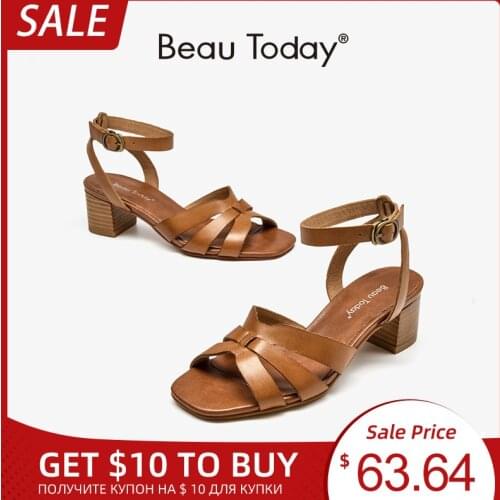 BeauToday Gladiator Sandals Women Cow Leather Block High Heels Ankle Strap Metal Buckle Ladies Summer Shoes Handmade 31155