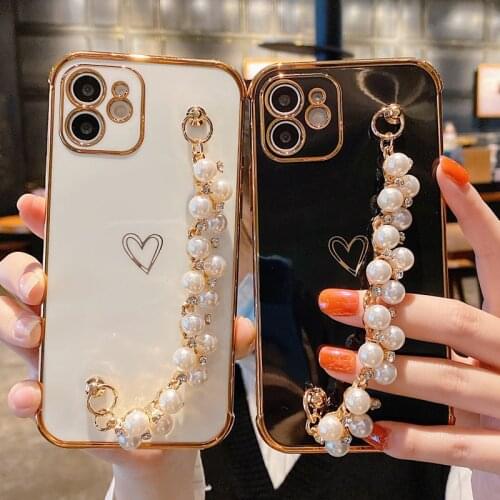 Luxury Pearl Wrist Strap Phone Case for iPhone 12 11 Pro XS Max Plating Heart Wristband Hand Holder Shockproof Soft Girly Cover