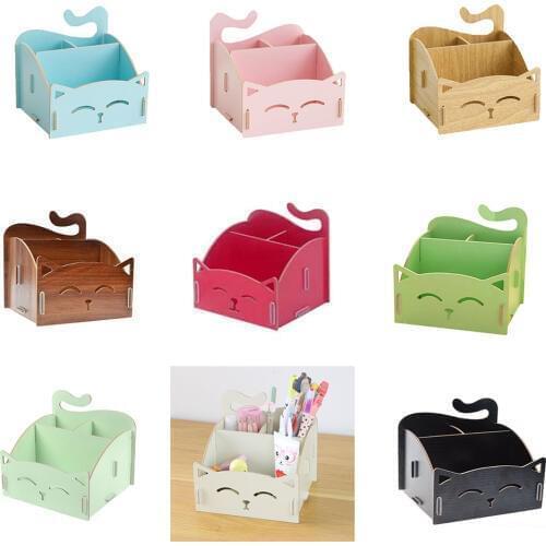 XRHYY Pen Holder Creative Wooden Combination Cute Cat Pen Holder Small Multi-functional Storage Pencil Box Stationery Organizer