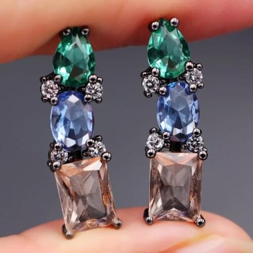 EYIKA Trendy Square Oval Pear Geometric Multicolor Crystal Zircon Stud Earrings Black Silver Plated Aretes De Moda Women Jewelry