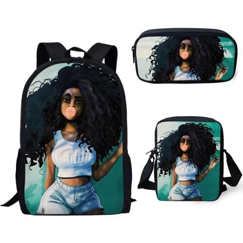 HALYUNASC 3PCs/Set Childrens School Backpack Black African Girls Pattern School Bags Kawaii Girs Design Teenagers Book-Bags Set
