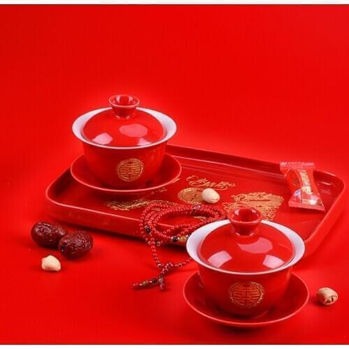 Chinese wedding tea cup ceramic red double happiness teacup with cover tureen tray gift box teaware set