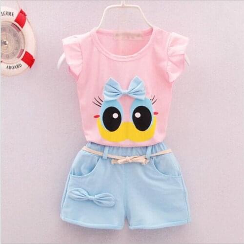 Girls Set Children Clothes 2021 New Summer Sleeveless T-shirt Print Bow Shorts For Girl Kids Clothes Children Clothing 1-4 Years