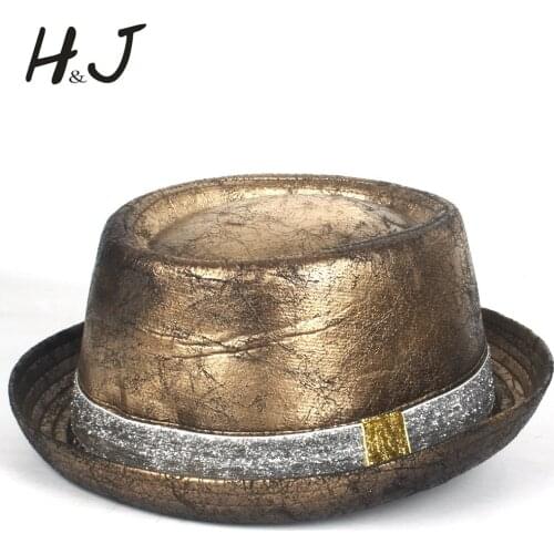 Leather Steampunk Hat For Men Fedora Hat Gold Pork Pie Hat Gear Glasses Flat Top Hat For Gentleman Bowler Gambler Cosplay Hat