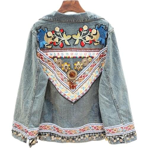 Fashion Embroidery Flowers Chain Tassel Denim Jacket Women Streetwear Korean Outwear Loose Casual Short Jeans Jacket Coat Female