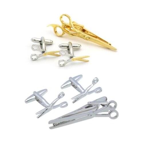 5Sets Copper Plating Barber Hair Dryer Scissors Cufflinks Tie Clip Sets Gold Silver Barber Scissors Cuff Link Tie Pin Bar Set