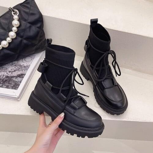 New Platform Boots Women Wedges Round Toe Knitted Stretch Fabric Warm Comfortable ANKLE Boots Botas Mujer ELEGANT Womens Boots