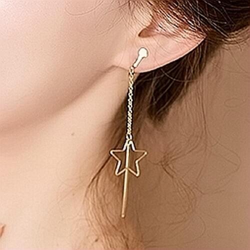 SULEMON New Tassel Geometric Dangle Hoop Stars Novel Design Fashion Earrings Gold-Silver Long Earrings No Pierced Ear Clip