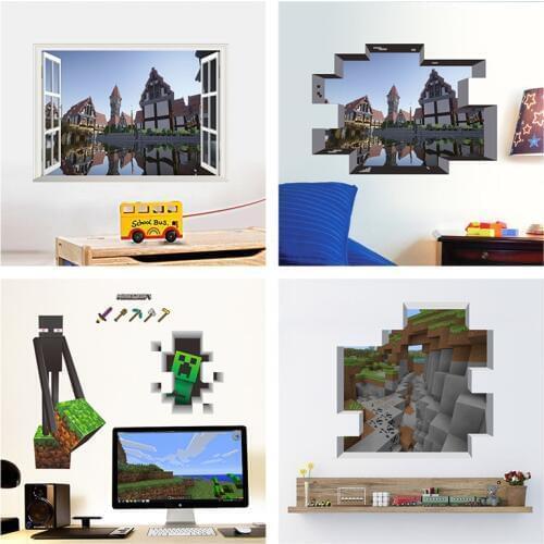 Popular Game Wall Art Stickers For Kids Room Home Decoration Diy 3d Window Broken Hole Wall Mural Decals Pvc Poster
