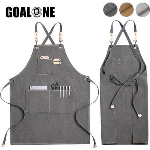 Waxed Canvas Apron Heavy Duty Adjustable Back Cross Strap Shop Apron with Tool Pocket for Chef Barber BBQ Hairdresser Work Apron