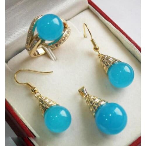 Jewelry 12mm Blue jade Pendant Necklace Earrings Ring Set