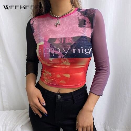 Weekeep Vintage Mesh Transparent Patchwork Sleeve T-Shirt Women O Neck Skinny Crop Top Summer Streetwear 90s Rave Y2k Aesthetic