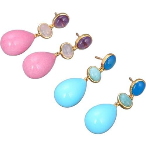 GG Jewelry Natural Teardrop Amethysts Amazonites Agates Jades Quartzs Aventurines Dangle Stud Earrings For Women