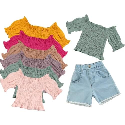 FOCUSNORM 1-6Y Summer Fashion Kids Girls 2PCS Clothes Sets Solid Off Shoulder Short Sleeve Ruched Tops Denim Shorts 6 Color