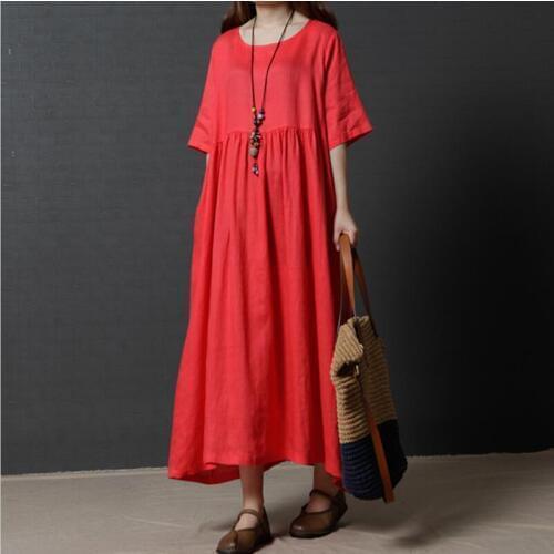 New women solid high waist half sleeve cotton linen dress plus size black navy blue red green Vintage Dress Autunm long dress