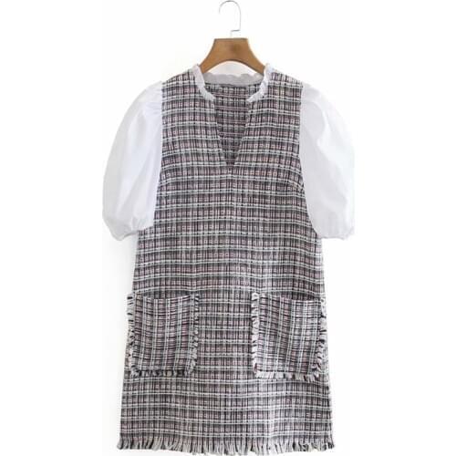 Womens Dress Vintage Loose Za 2021 Fashion Paneled Textured Woolen Pocket Half Sleeve Dress Female Elegant Mujer Vestidos