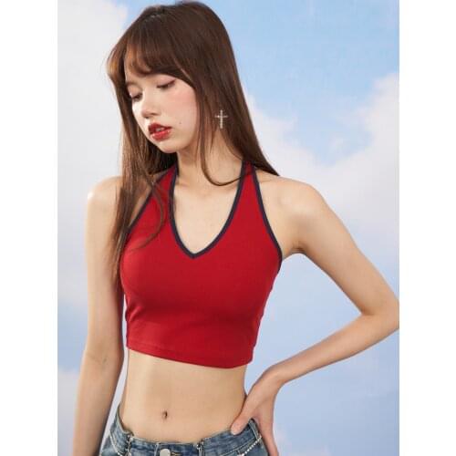 New Hot Girl Gothic Punk Red V-neck Vest Casual Top Streetwear Summer Sexy Women Slim Vest