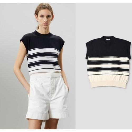 2021 Spring and Summer New Style Cotton Mix Wool Sleeveless Stripe Round Collar Knit Vest Inside Build Outside Wear Ves