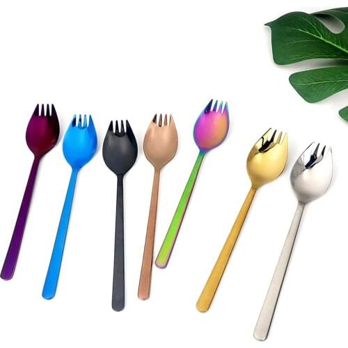 7Pcs/Set 2In1 Salad Forks Spoon Creative Long Handle Stainless Steel Reusable High Quality Spoons Fork Tableware Set 7 Colors
