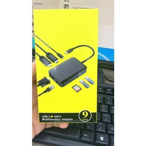 9 in 1 USB C Hub to HDTV + VGA + USB +PD SD RJ45 3.5 Audio 3.0 Port Card Reader Adapter