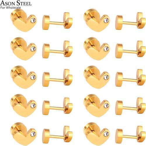 ASONSTEEL Romantic Style Gold Heart Crystal Screw Stud Earrings 12pairs/lot Stainless Steel Earrings Girlfriend Gift Pendientes