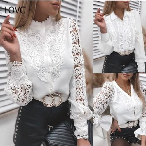 White Lace Hollow Out Cotton Womens Blouses long-sleeved V-neck button Sexy Female y2k Tops Loose Solid Hollow Out Shirts