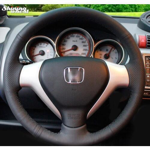 Shining wheat Hand-stitched Black Leather Steering Wheel Cover for Honda Old City Fit Jazz