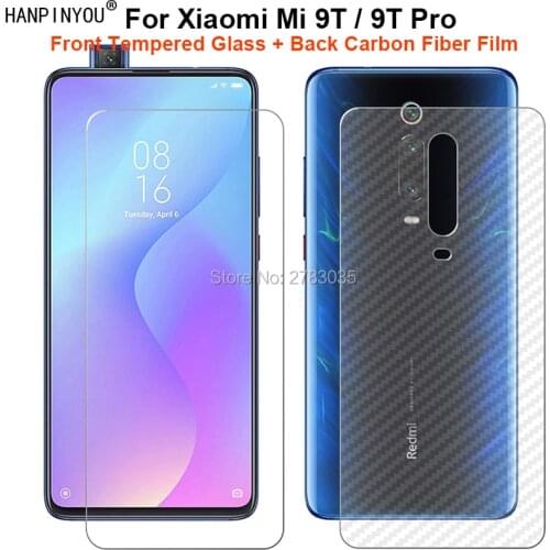 For Xiaomi Mi 9T / 9T Pro 6.39" 1 Set = Soft Back Carbon Fiber Film +Ultra Thin Clear Tempered Glass Front Screen Protector
