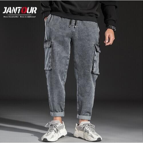 Jantour Men Jeans 2020 Autumn Winter Fashion Big Pocket Harem Jeans Hip Hop Style Drawstring Male Trousers Pantalones De Hombre