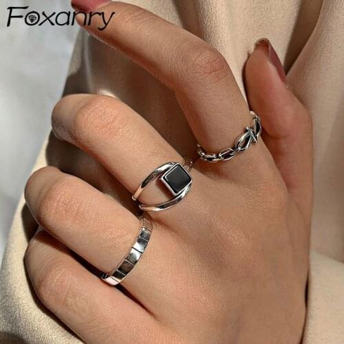 Foxanry Minimalist 925 Sterling Silver Finger Rings New Fashion Creative Black Stone Geometric Birthday Party Jewelry Gifts