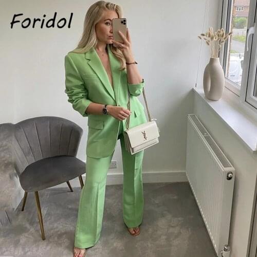 Foridol Single Button Green Blazer Coat Set Women Elegant Office Ladies Oversized Blazer Jacket Suits Matching Set Spring Autumn